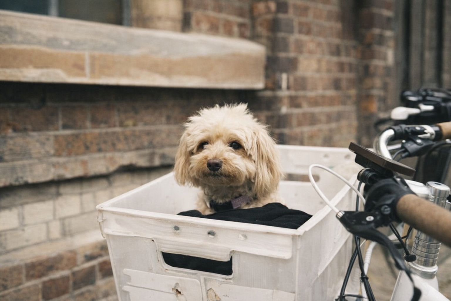 En liten lockig hund sitter i en vit plastback monterad på en cykel.