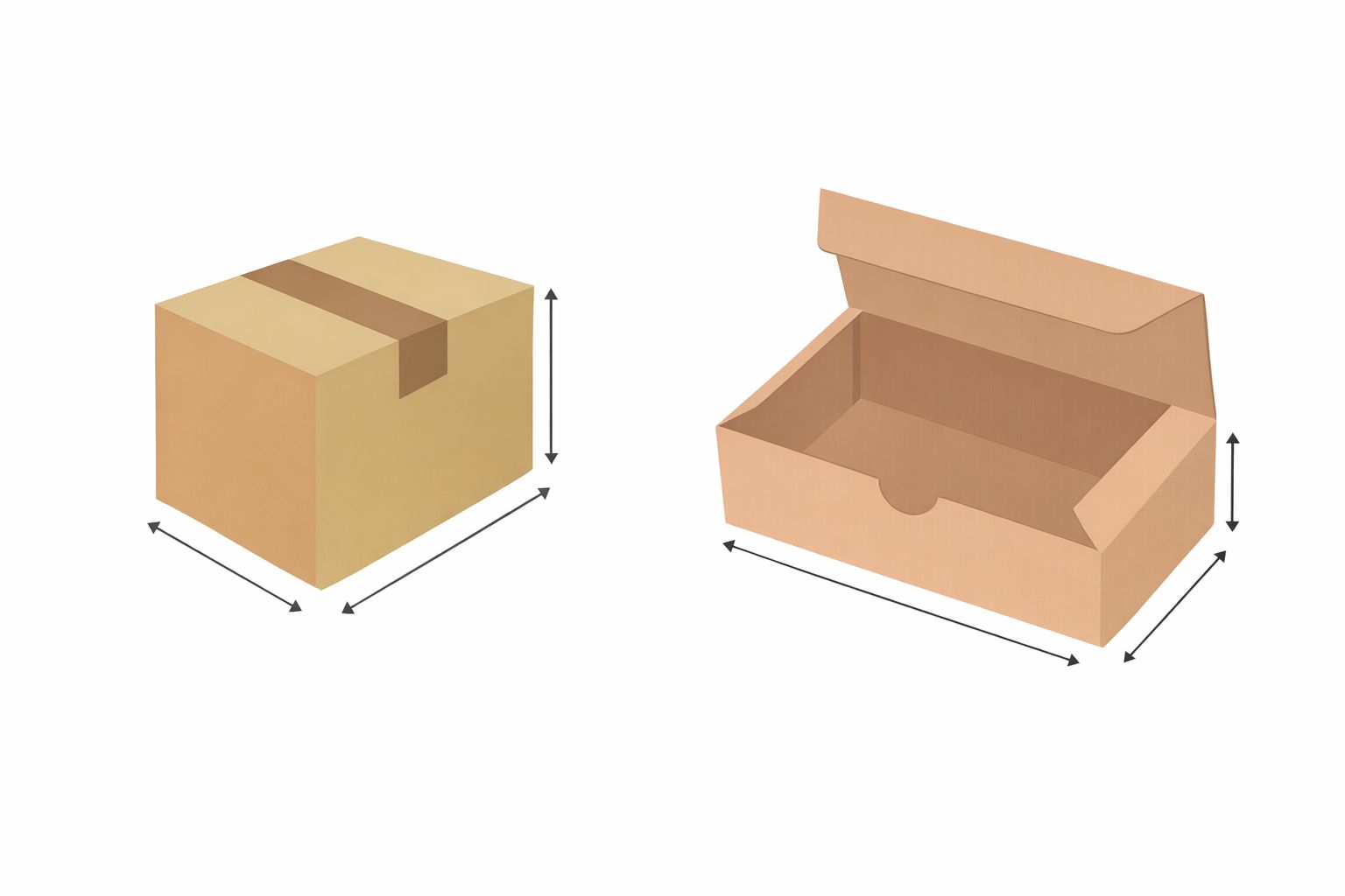 Illustration av två bruna kartonger med pilar som visar hur man mäter paketmått.